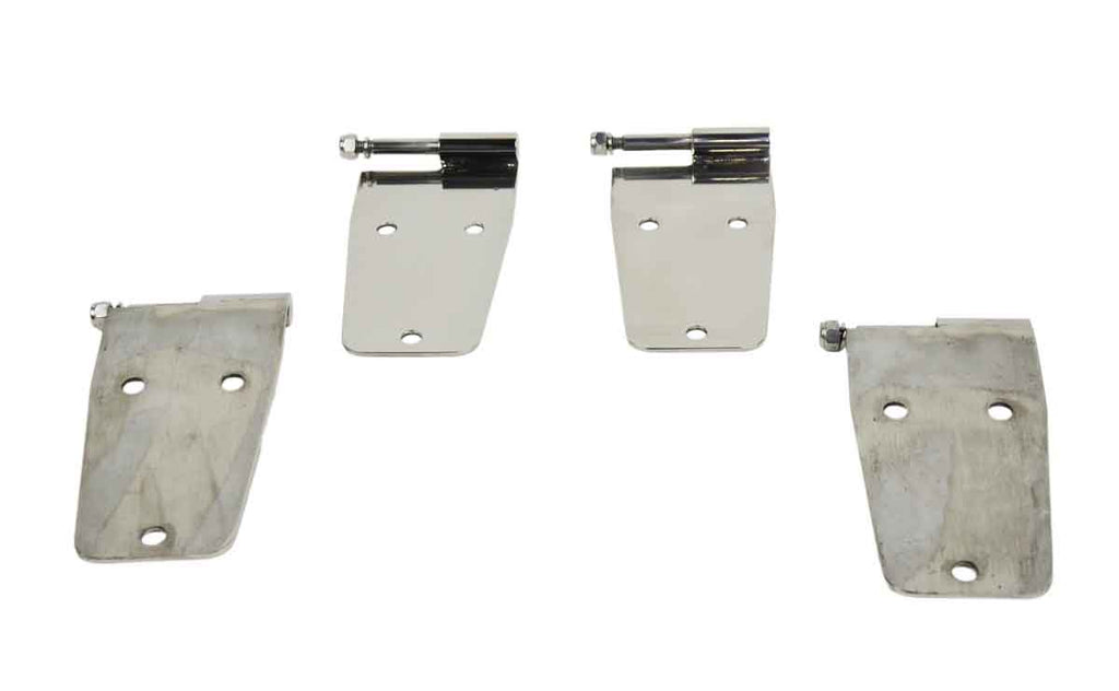 Kentrol T-304 stainless steel hinges for Jeep Wrangler YJ and CJ, showcasing the polished stainless steel 