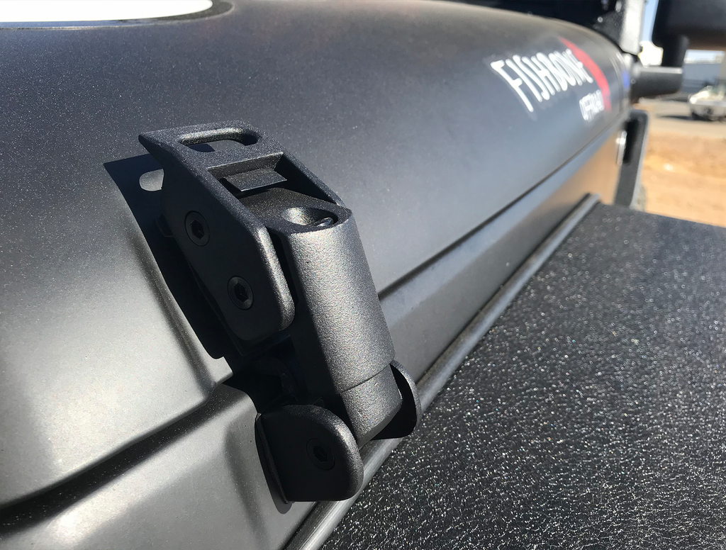 Close-up shot of the Kentrol Hood Catch Kit for 2007-2018 Jeep Wrangler 80704 installed to the vehicle