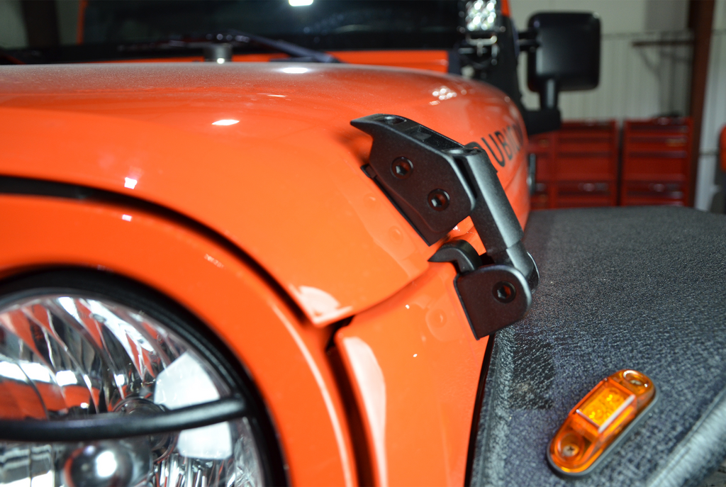 Frontal view of the Kentrol Hood Catch Kit for 2007-2018 Jeep Wrangler 80704 installed to the vehicle