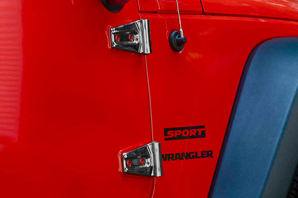 Two of four hinges from the Kentrol Door Hinge Overlay Set for 2007-2018 Jeep Wrangler 30020 installed to the vehicle