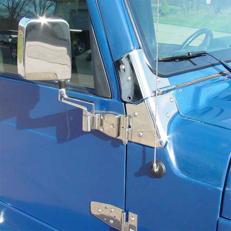 Kentrol T-304 stainless steel hinges for Jeep Wrangler CJ, YJ & TJ, showcasing the polished stainless steel
