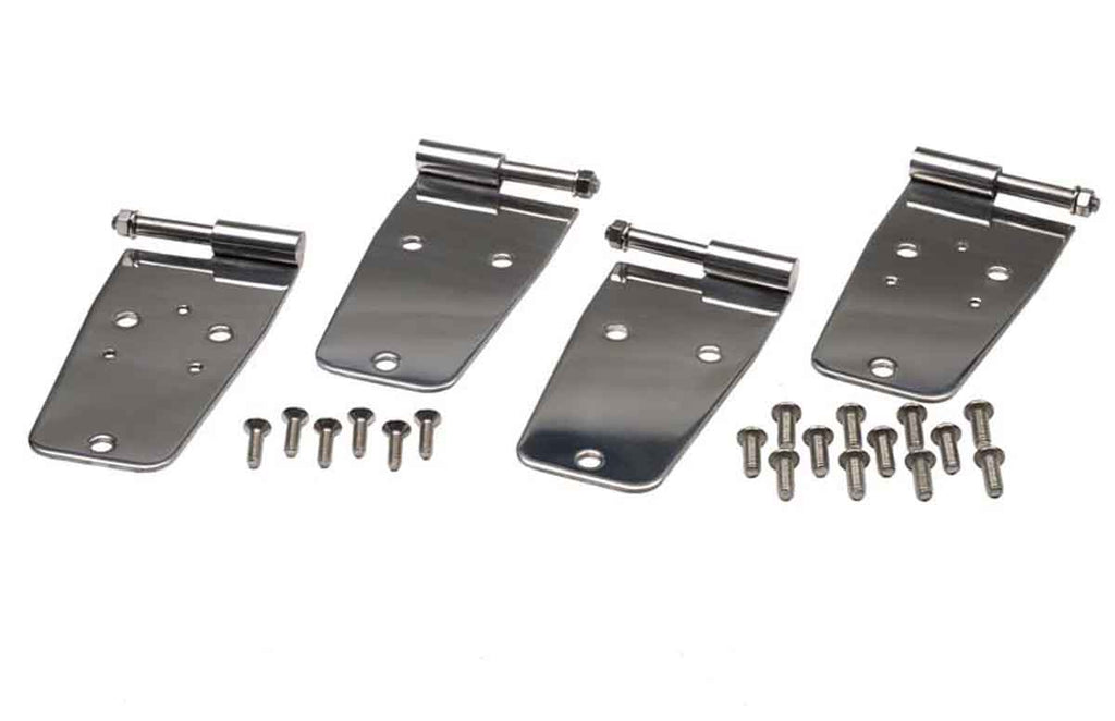 Kentrol T-304 stainless steel hinges for Jeep Wrangler YJ and CJ, showcasing the polished stainless steel 