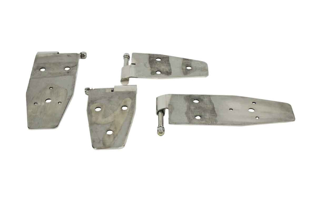 Kentrol T-304 stainless steel hinges for Jeep Wrangler YJ, showcasing the polished stainless steel 