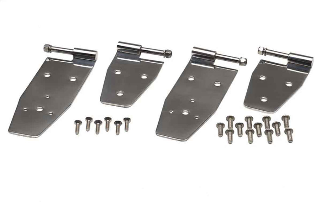 Kentrol T-304 stainless steel hinges for Jeep Wrangler YJ, showcasing the polished stainless steel 