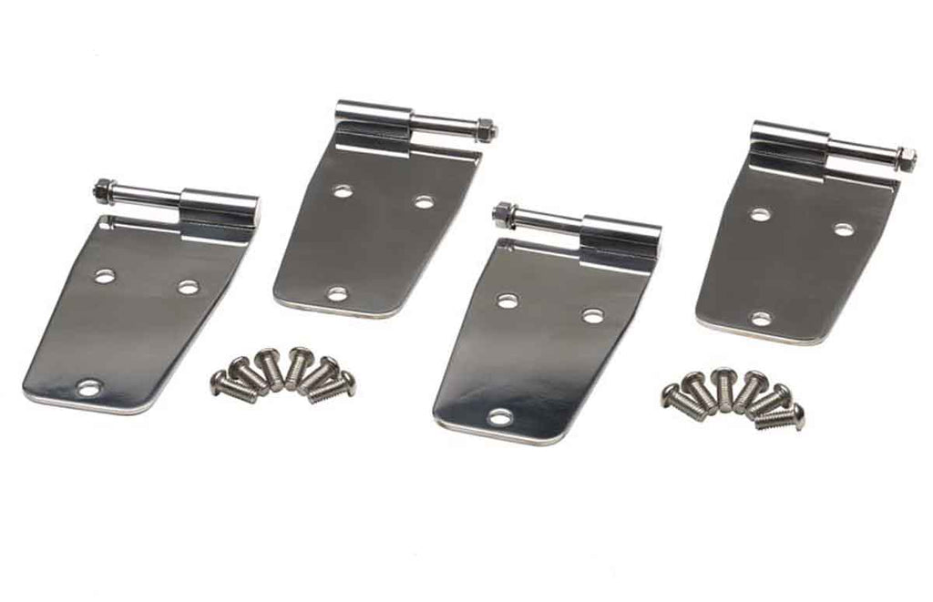 Kentrol T-304 stainless steel hinges for Jeep Wrangler YJ and CJ, showcasing the polished stainless steel 