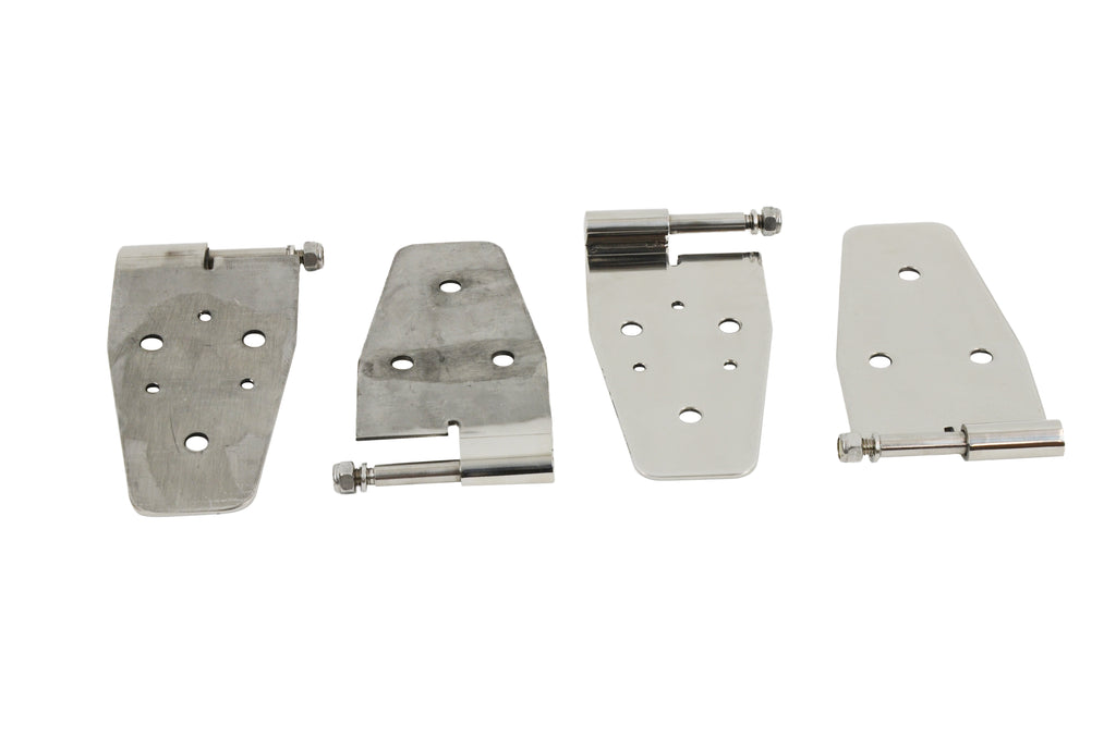 Kentrol T-304 stainless steel hinges for Jeep Wrangler TJ, showcasing the polished stainless steel