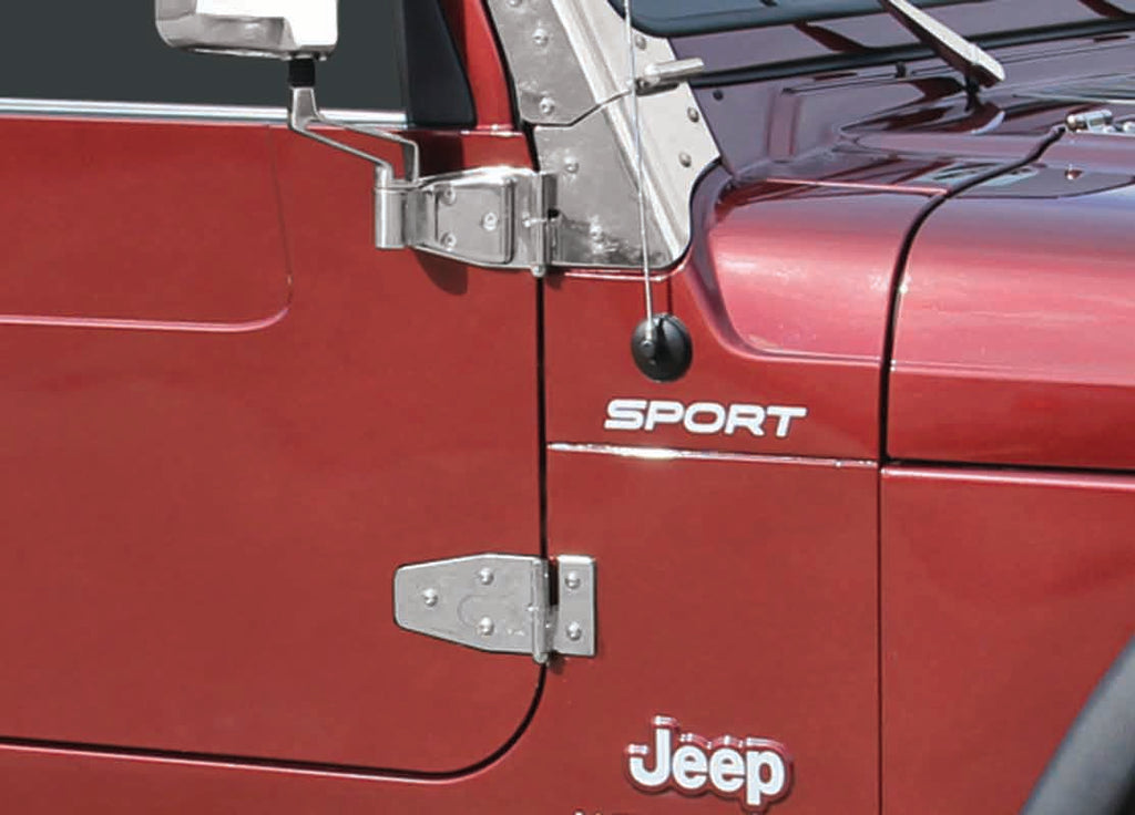 Kentrol T-304 stainless steel hinges for Jeep Wrangler TJ, showcasing the polished stainless steel