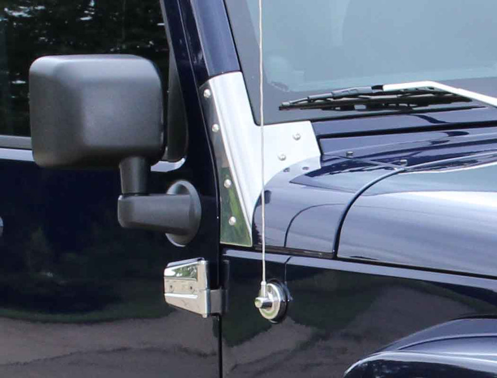 Side view of the Kentrol Windshield Supports for 2017-2018 Jeep Wrangler 30574 installed to the vehicle
