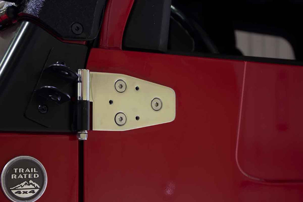 Kentrol T-304 stainless steel hinges for Jeep Wrangler TJ, showcasing the polished stainless steel