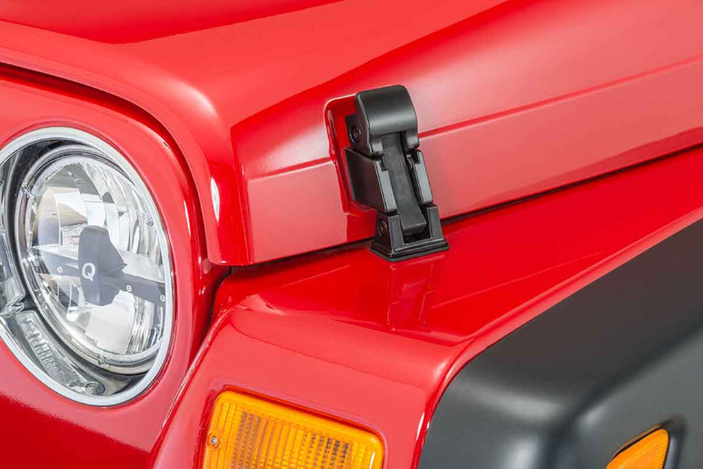 One of the two Kentrol TJ Style Hood Catches for 1955-1995 Jeep CJ/Wrangler 50563 installed to the vehicle