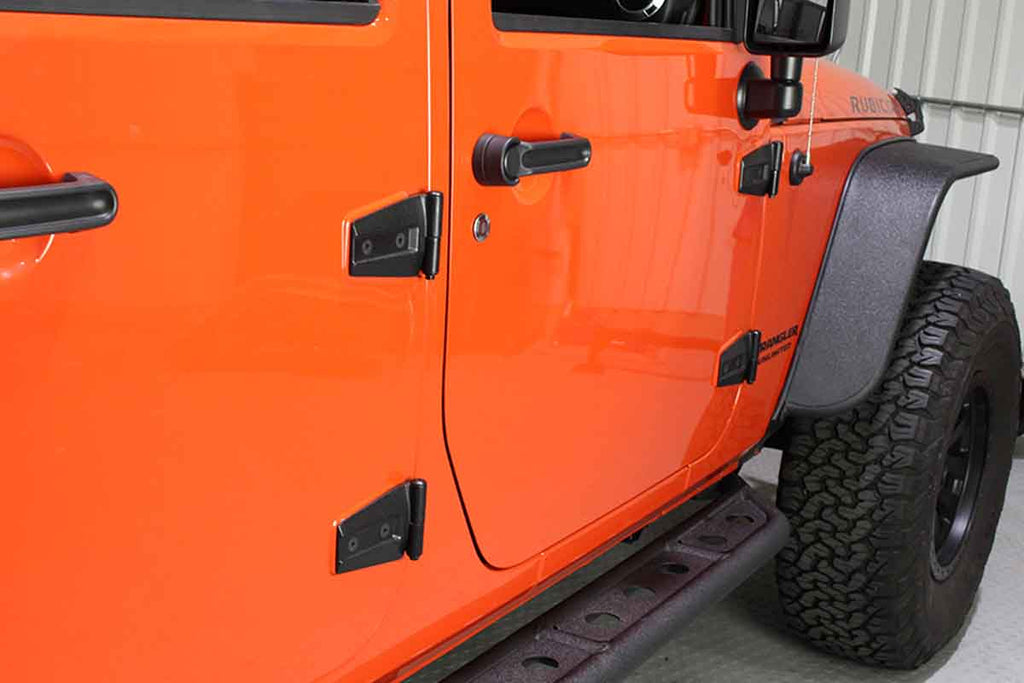 Kentrol T-304 stainless steel hinges for Jeep Wrangler JK, showcasing the textured black powder coat finish.