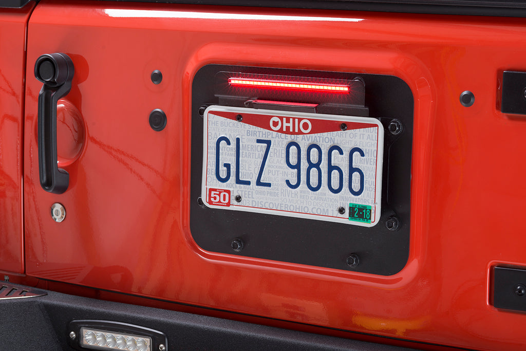 Kentrol back side license plate mount with integrated LED, designed for 2007-2018 Jeep Wrangler JK and Unlimited JKU,  includes all necessary installation hardware