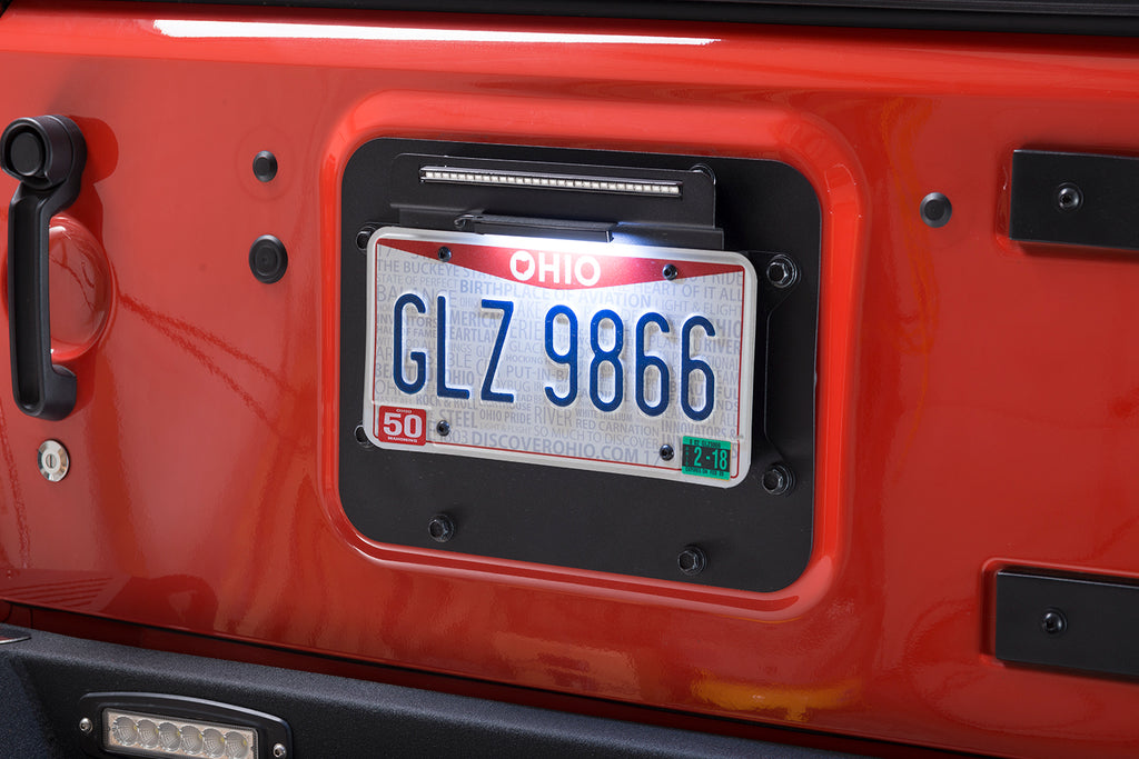 Kentrol back side license plate mount with integrated LED, designed for 2007-2018 Jeep Wrangler JK and Unlimited JKU,  includes all necessary installation hardware