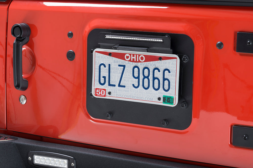 Kentrol back side license plate mount with integrated LED, designed for 2007-2018 Jeep Wrangler JK and Unlimited JKU,  includes all necessary installation hardware