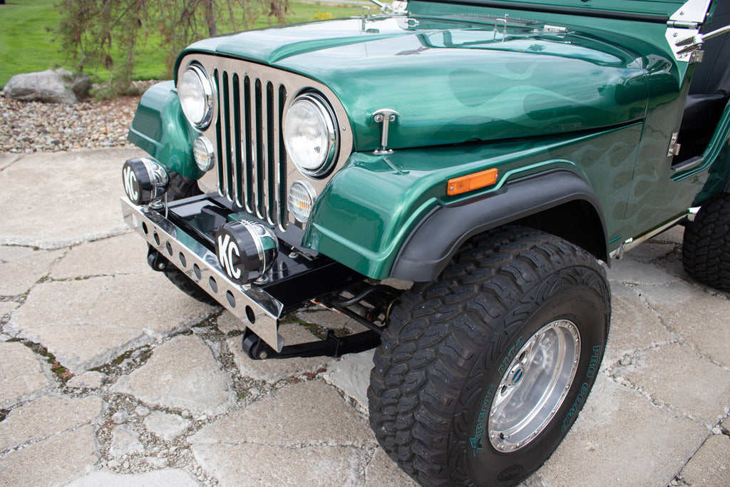 Wide angle of the Kentrol Hood Catch For 1955-1995 CJ/Wrangler 30401 installed to the vehicle